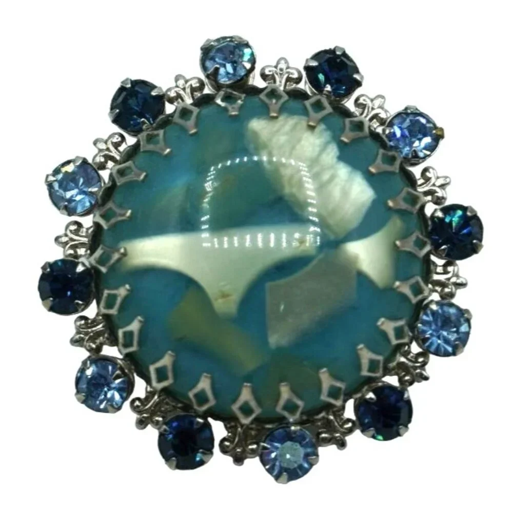 Vintage Rhinestone Set Confetti Lucite Brooch Earrings Blue Green Fleur de Lis C